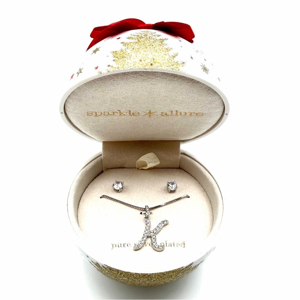 Sparkle Allure Silver K Initial Necklace & Earrings Set in Ornament Gift Box